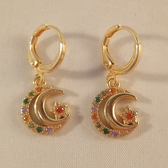 18K Yellow Gold Filled Layer Crescent Moon Star Diamond Zircon Dangle Earrings - Picture 2 of 4